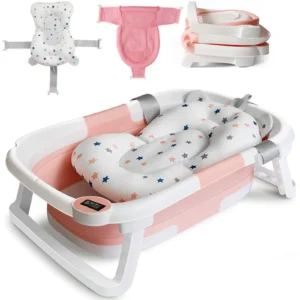 Foldable Baby Bath Tub with Bath Cushion Infant Tub with Thermometer Non-Slip
