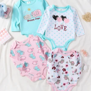4-pc Baby Girl Long Sleeve Bodysuits, Round Neck Rompers with Cute Elephant Print, Soft Skin-Friendly Outfits for Spring And Autumn, Newborn Essentials |, for Outdoor
