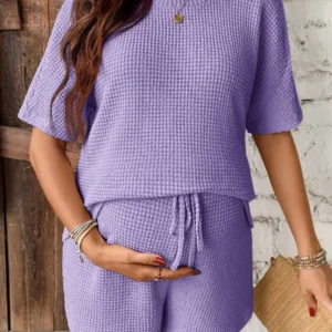 Waffle Knit Maternity Two Piece Set Short Sleeve Top And Shorts Solid Color Summer Casual Outfit
